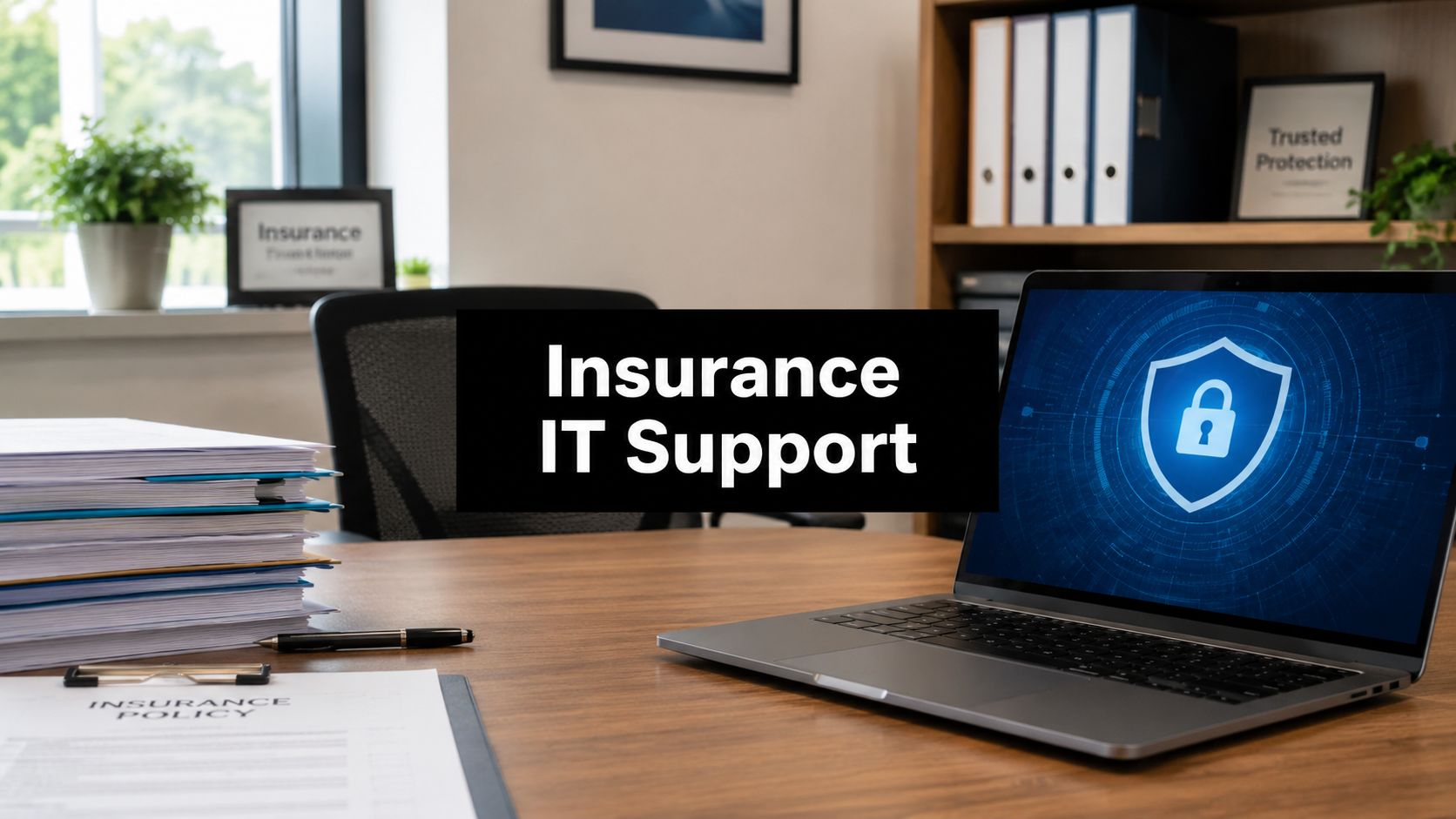 Office desk with a bold sign reading 'Insurance IT Support' in front of a laptop displaying a blue shield security graphic on the screen.
