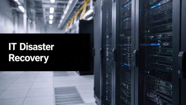 it-disaster-recovery-services-data-center Data center with server racks and a black banner reading 'IT Disaster Recovery'