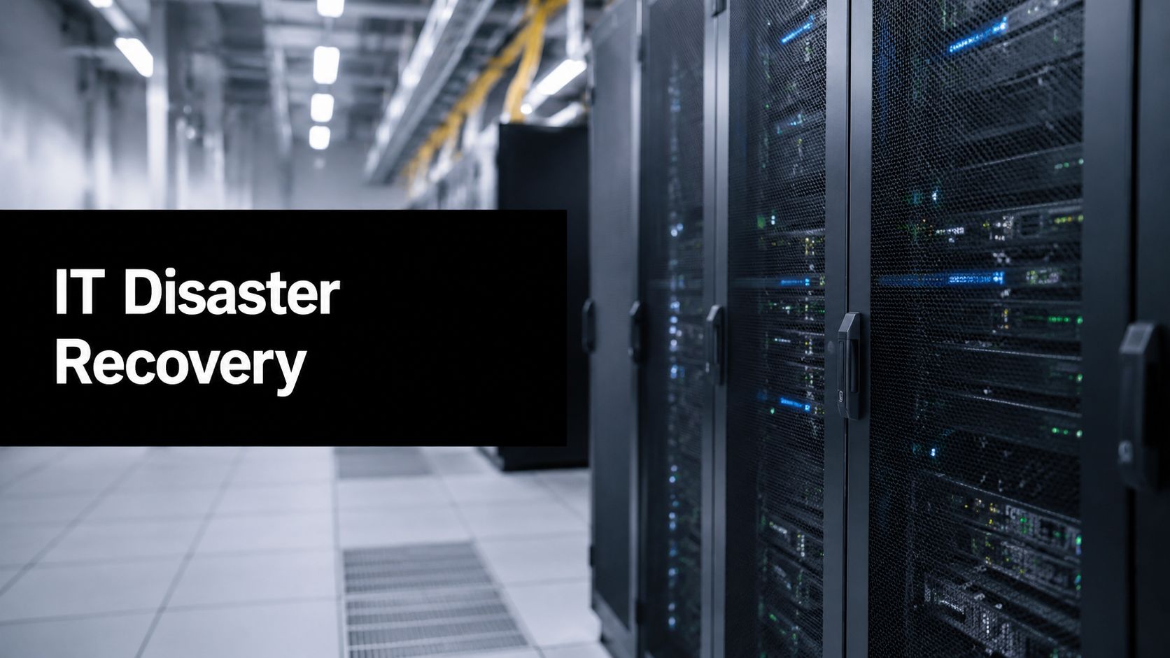 Data center with server racks and a black banner reading 'IT Disaster Recovery'