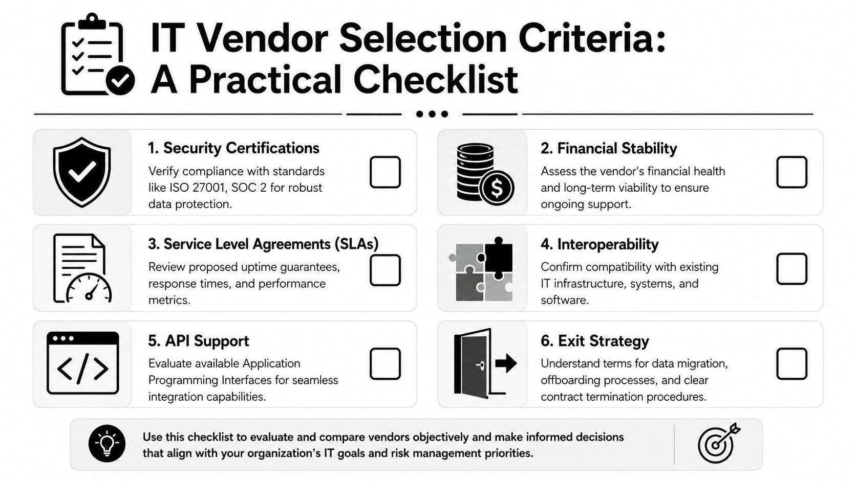 A professional checklist outlining six key criteria for evaluating and selecting IT vendors for business organizations.