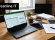 Laptop open on a wooden desk displaying a spreadsheet; nearby are a mug, plant, mouse, stack of papers, and a banner reading 'Streamline IT' on the left edge.