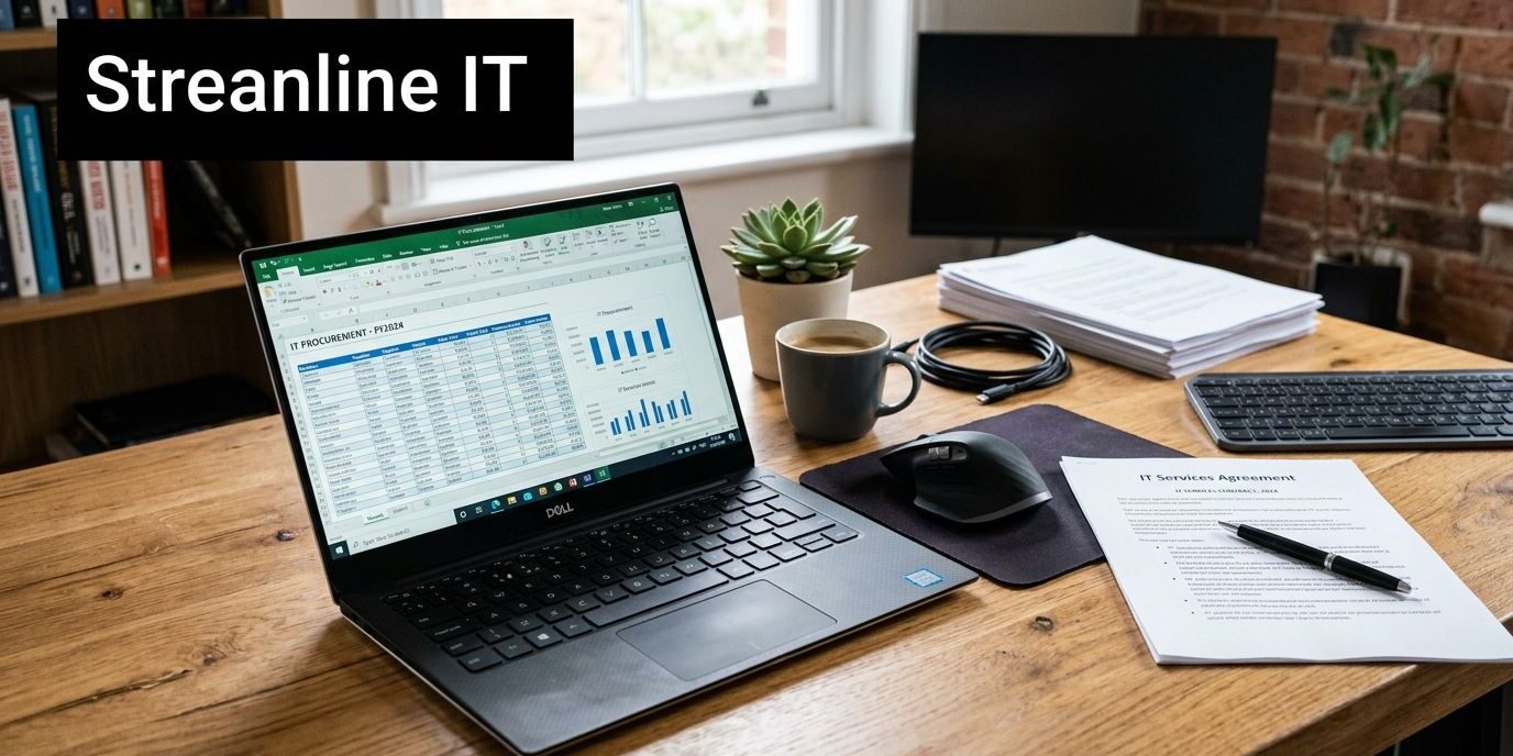 it-procurement-services-workspace-setup Laptop open on a wooden desk displaying a spreadsheet; nearby are a mug, plant, mouse, stack of papers, and a banner reading 'Streamline IT' on the left edge.