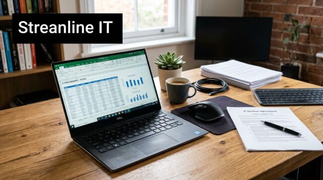 it-procurement-services-workspace-setup Laptop open on a wooden desk displaying a spreadsheet; nearby are a mug, plant, mouse, stack of papers, and a banner reading 'Streamline IT' on the left edge.