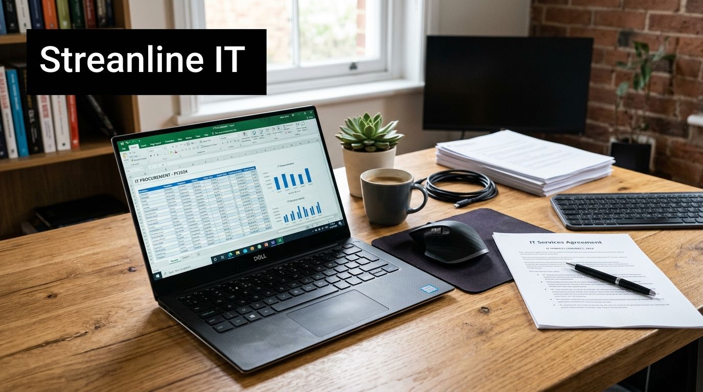 Laptop open on a wooden desk displaying a spreadsheet; nearby are a mug, plant, mouse, stack of papers, and a banner reading 'Streamline IT' on the left edge.