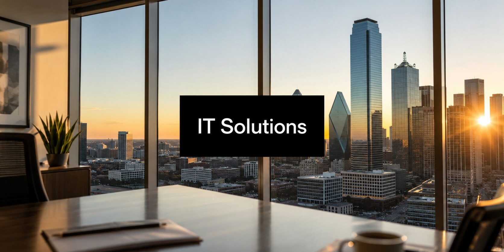 it-solutions-for-financial-industry-dallas-skyline Office conference room with a city skyline at sunset; a black screen displays 'IT Solutions' in white text.