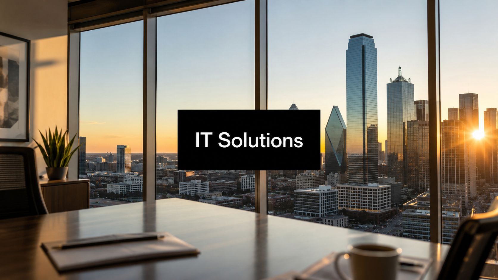 Office conference room with a city skyline at sunset; a black screen displays 'IT Solutions' in white text.