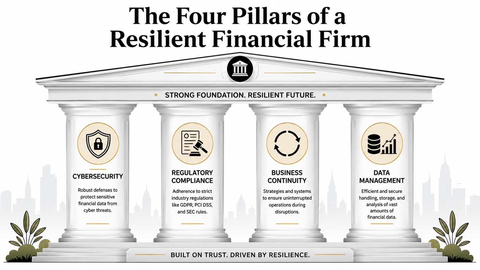 An illustration of four pillars representing cybersecurity, regulatory compliance, business continuity, and data management for financial firms.