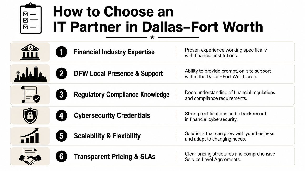A checklist infographic titled How to Choose an IT Partner in Dallas-Fort Worth for financial businesses.