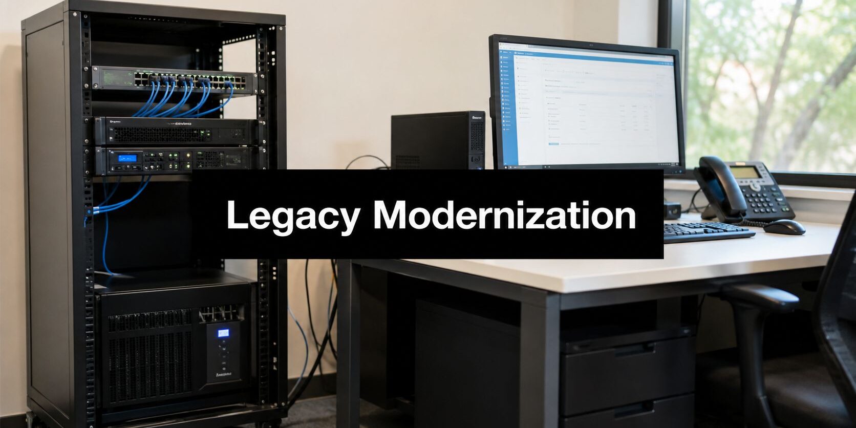 Server rack and workstation in an office, with a bold banner reading 'Legacy Modernization' across the center of the image.