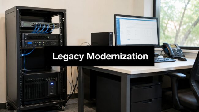 legacy-system-modernization-server-rack Server rack and workstation in an office, with a bold banner reading 'Legacy Modernization' across the center of the image.
