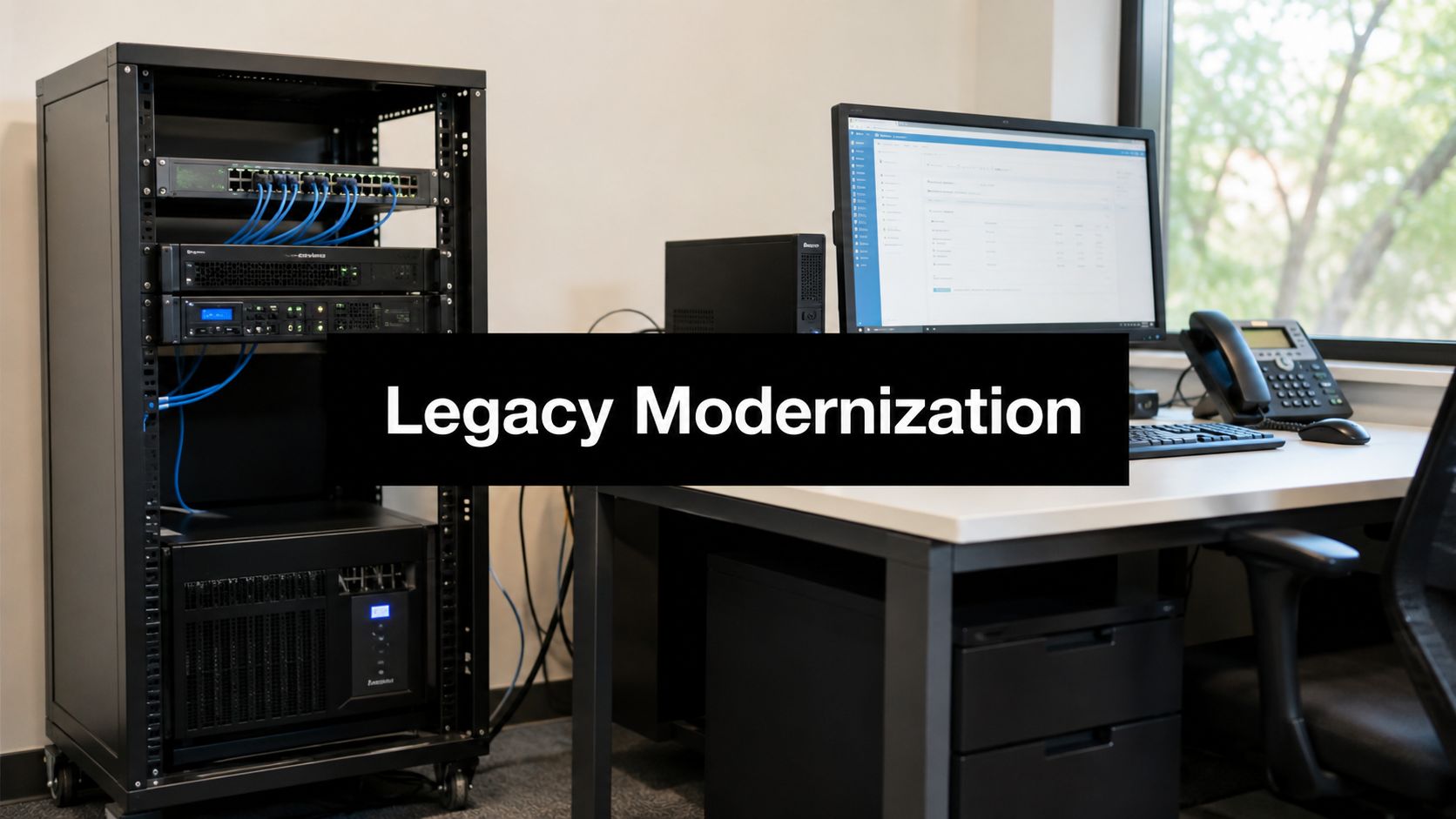 Server rack and workstation in an office, with a bold banner reading 'Legacy Modernization' across the center of the image.