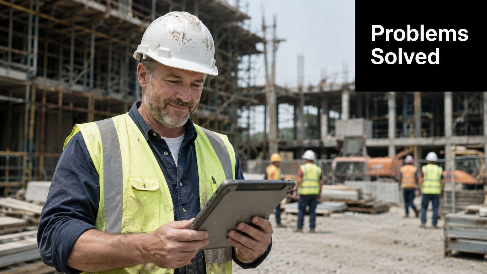 A construction manager in a hard hat and safety vest reviewing project plans on a digital tablet.