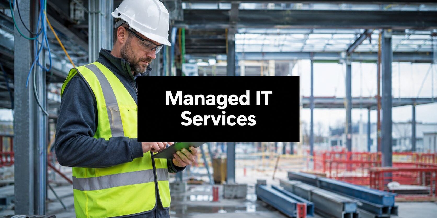 Construction worker in a hard hat and high‑visibility vest uses a tablet at a construction site, with 'Managed IT Services' banner overlaying the image.
