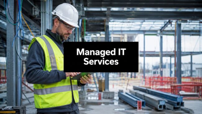 Construction worker in a hard hat and high‑visibility vest uses a tablet at a construction site, with 'Managed IT Services' banner overlaying the image.