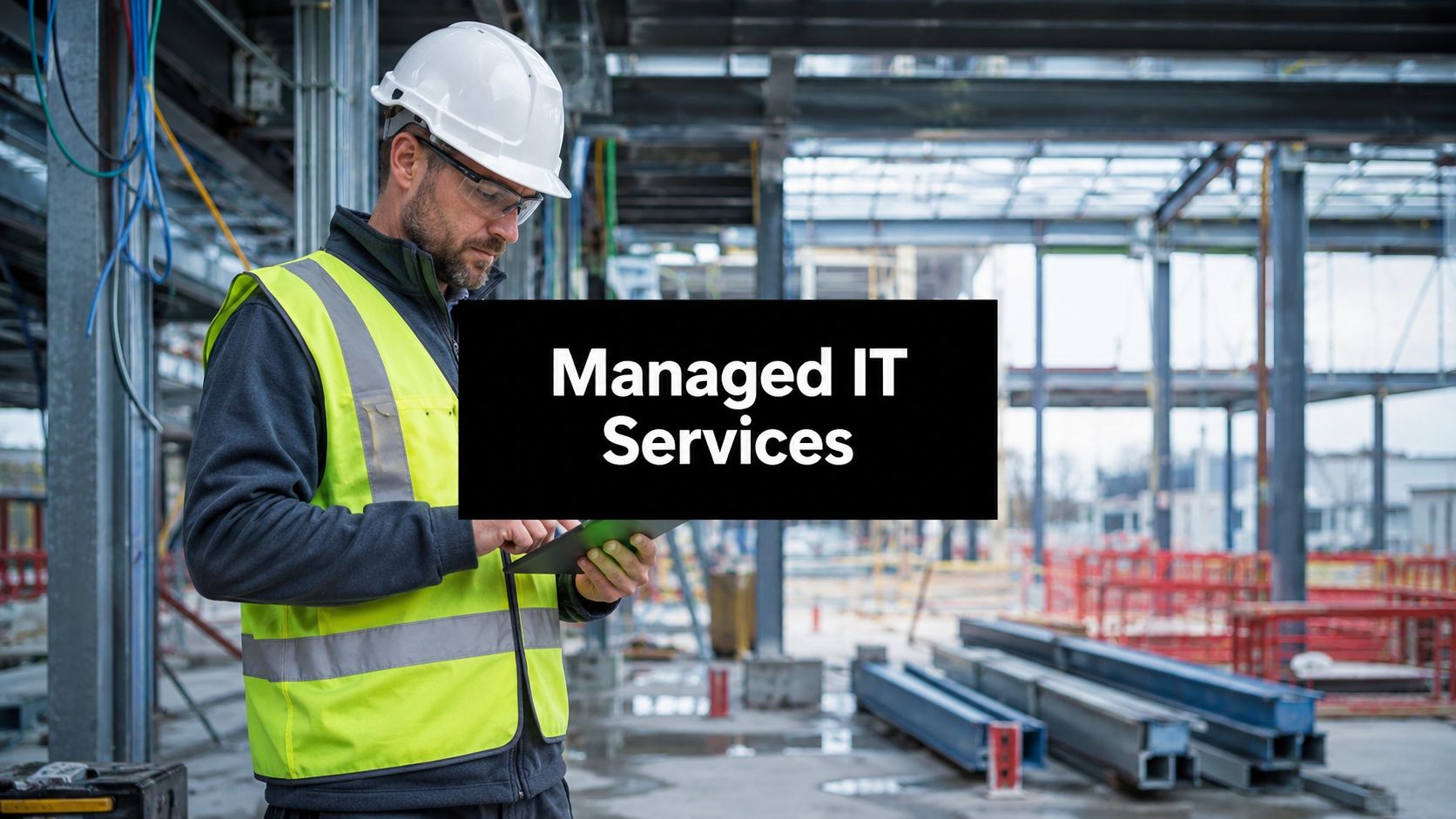Construction worker in a hard hat and high‑visibility vest uses a tablet at a construction site, with 'Managed IT Services' banner overlaying the image.