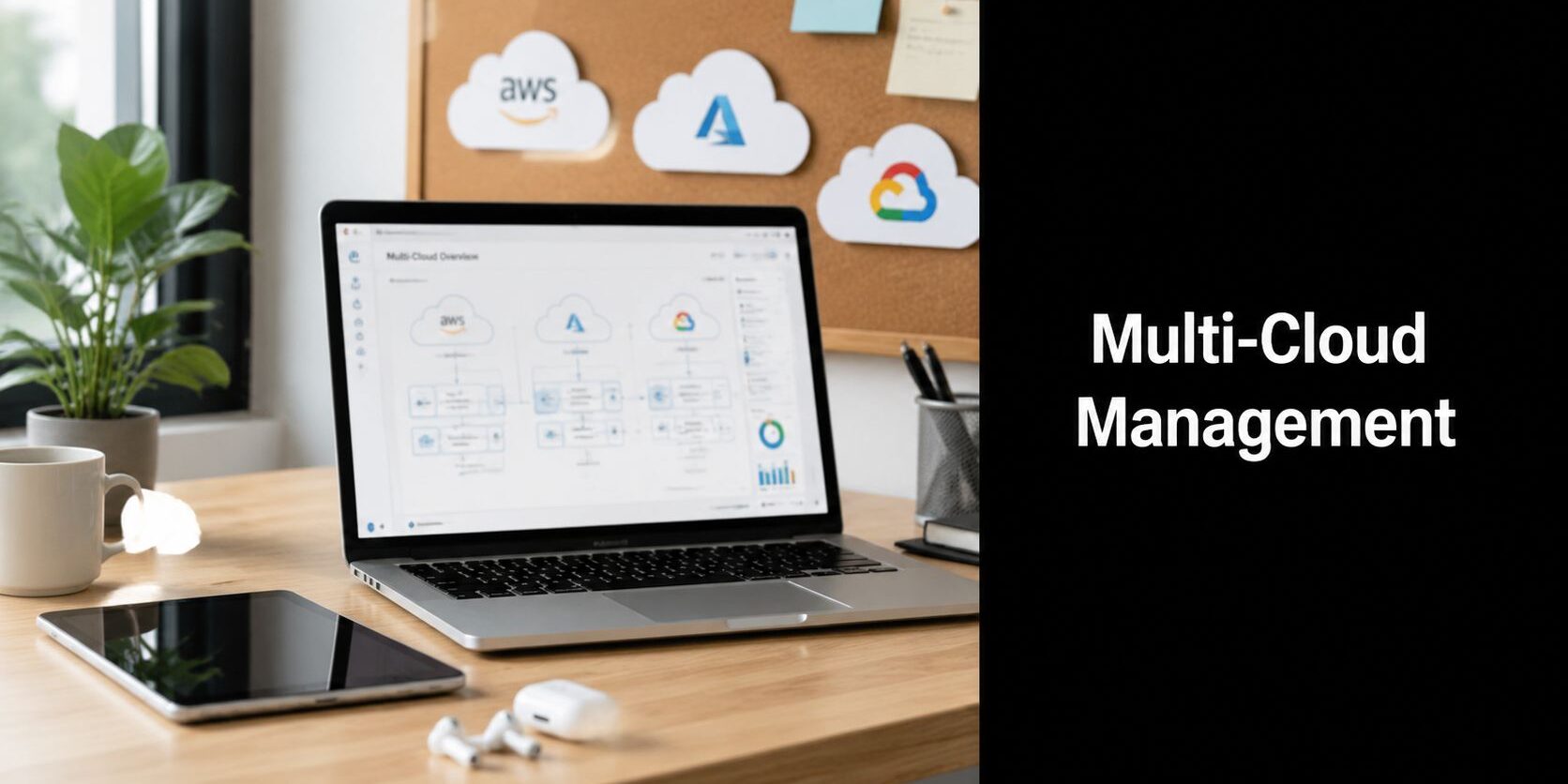 multi-cloud-management-workspace Laptop on a wooden desk shows a cloud diagram; tablet, mug, plant, and a corkboard with AWS, Azure, and Google Cloud icons in the background; black panel reads 'Multi-Cloud Management'