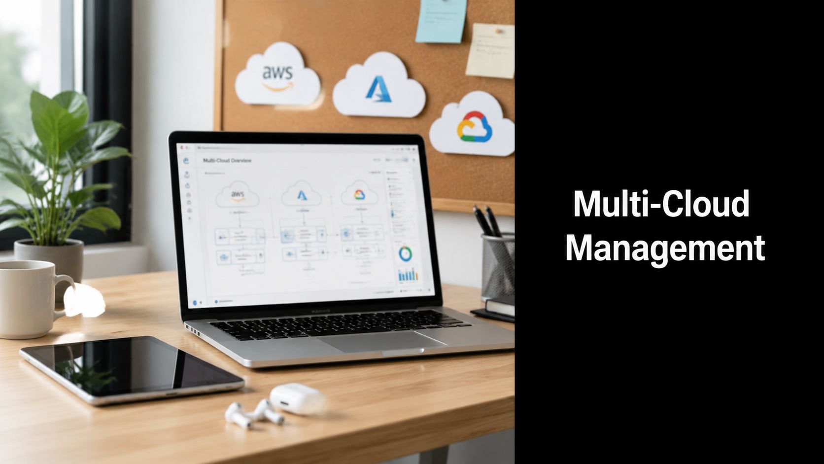Laptop on a wooden desk shows a cloud diagram; tablet, mug, plant, and a corkboard with AWS, Azure, and Google Cloud icons in the background; black panel reads 'Multi-Cloud Management'