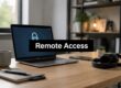 Laptop on a wooden desk with a bold 'Remote Access' banner across the screen, headset nearby in a cozy home-office setup.