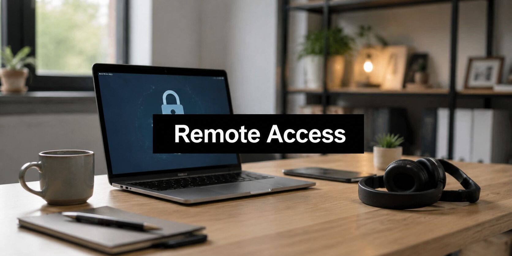 remote-access-security-laptop-workspace Laptop on a wooden desk with a bold 'Remote Access' banner across the screen, headset nearby in a cozy home-office setup.