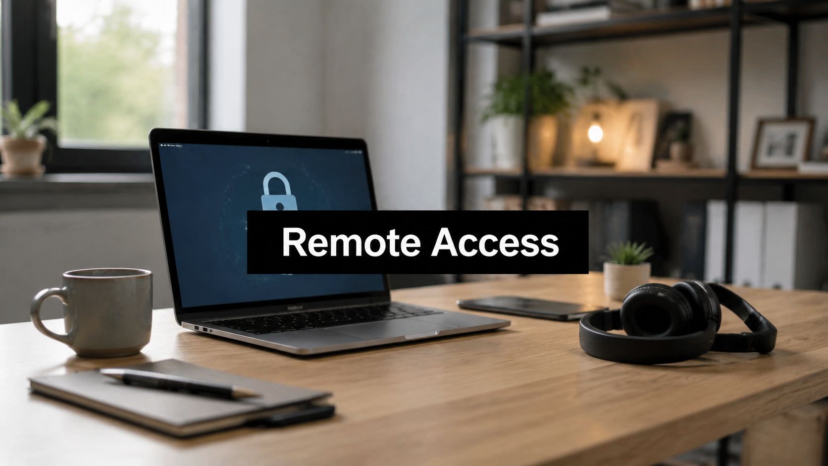 Laptop on a wooden desk with a bold 'Remote Access' banner across the screen, headset nearby in a cozy home-office setup.