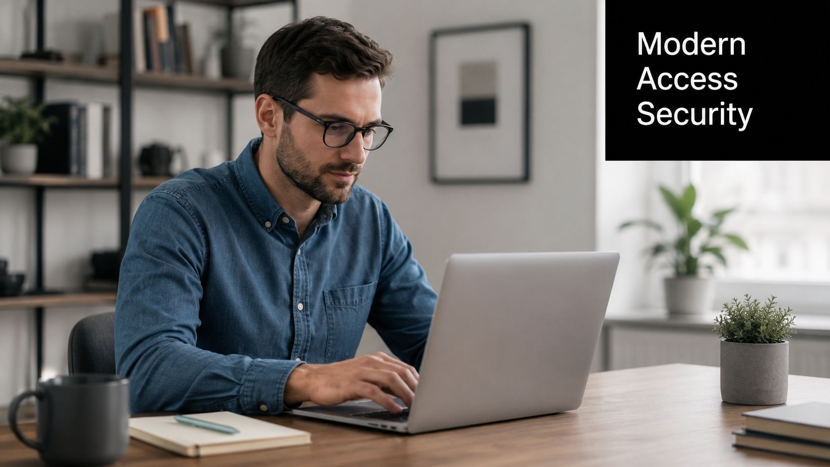 A professional man with glasses working on a laptop at a desk, representing secure remote access.