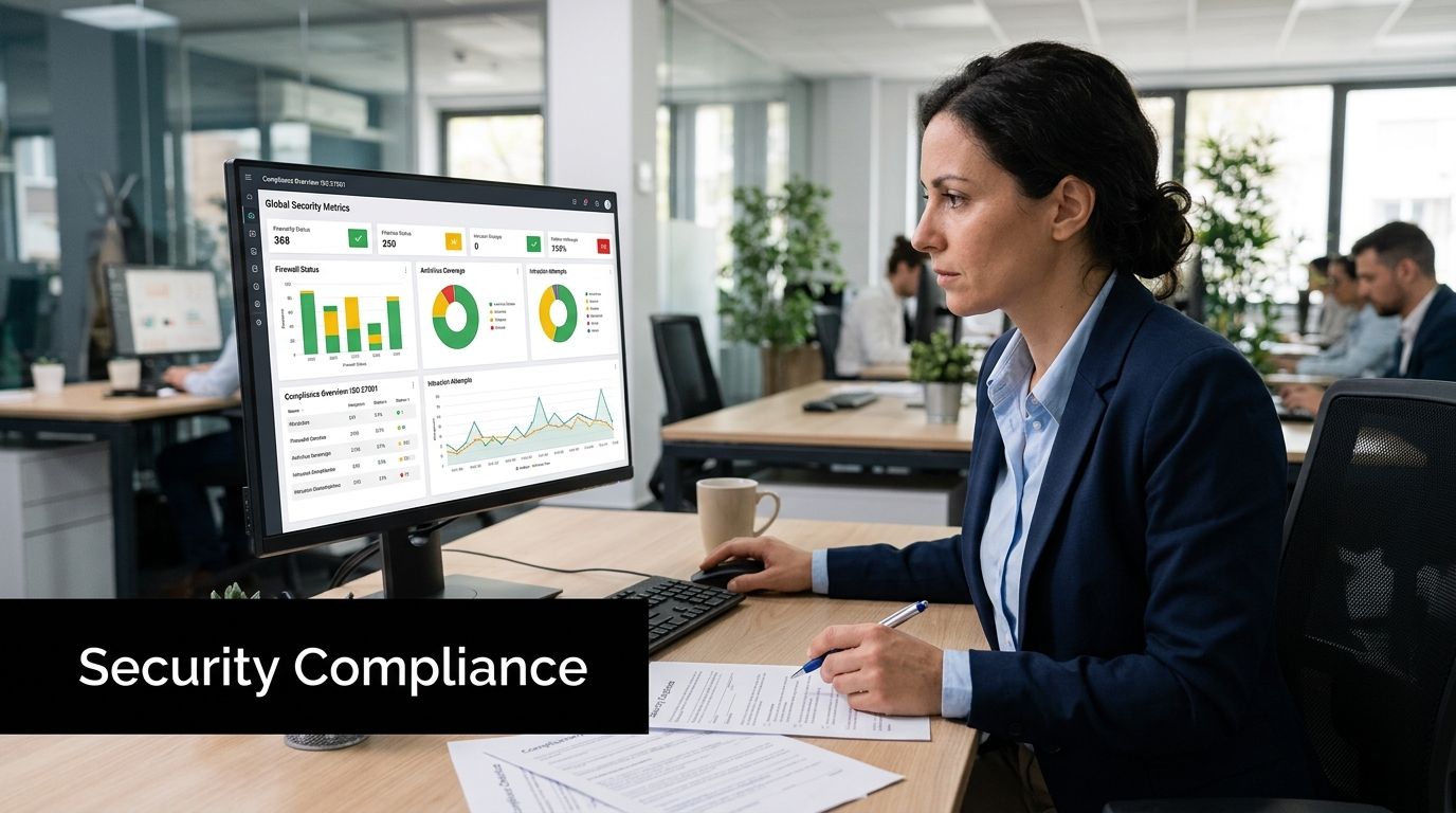 A professional woman in an office setting reviewing security compliance metrics on her computer monitor.