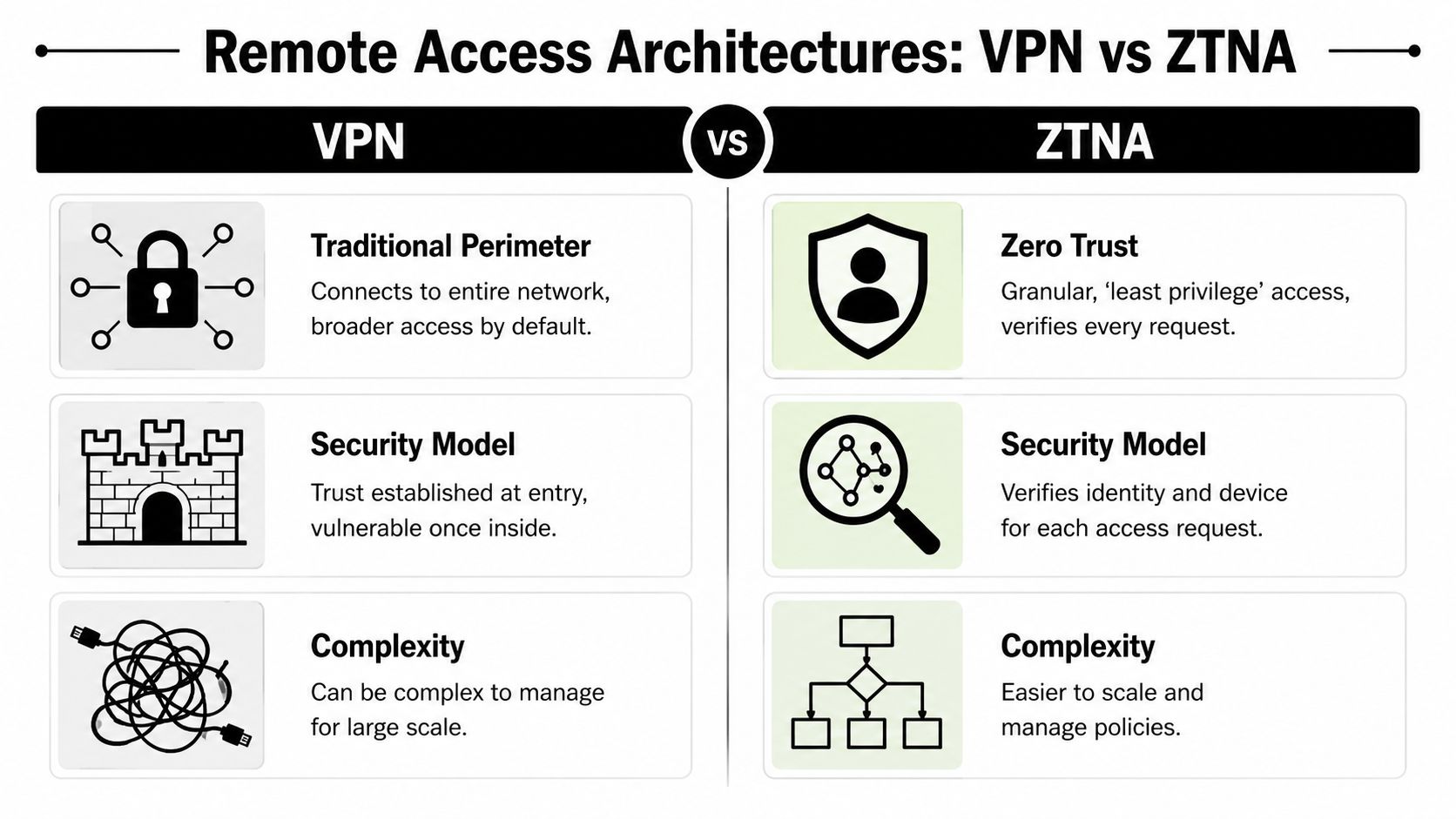 A comparison chart outlining the key differences between traditional VPN and modern ZTNA remote access architectures.
