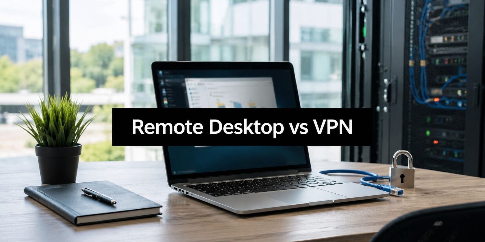 remote-desktop-vs-vpn-connectivity-concept Laptop on a wooden desk with a 'Remote Desktop vs VPN' banner across the screen, a plant, notebook, and padlock nearby in a server-room setting.