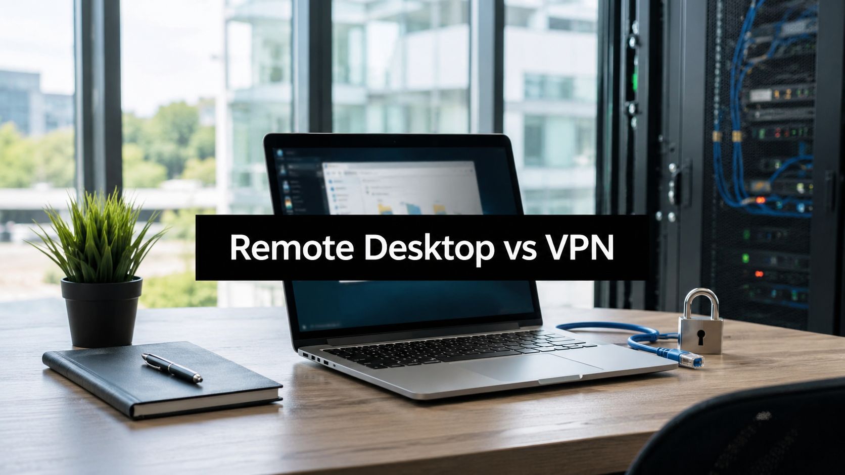 Laptop on a wooden desk with a 'Remote Desktop vs VPN' banner across the screen, a plant, notebook, and padlock nearby in a server-room setting.