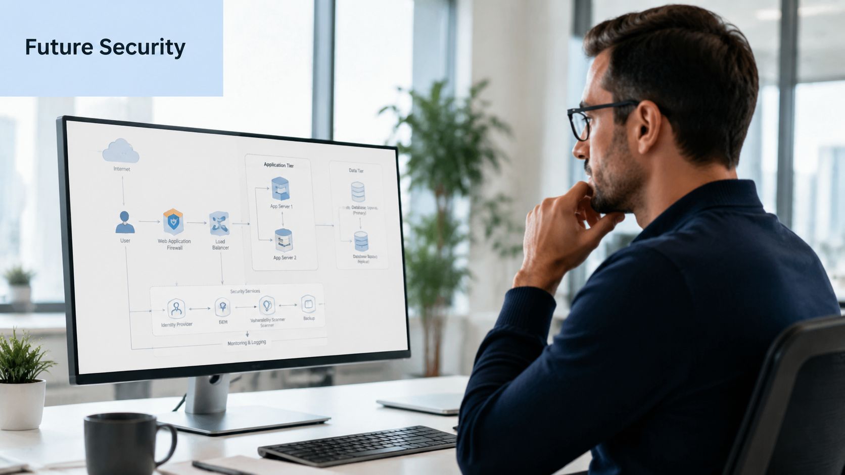 A professional man reviewing a cloud infrastructure architecture diagram on his computer screen in an office.