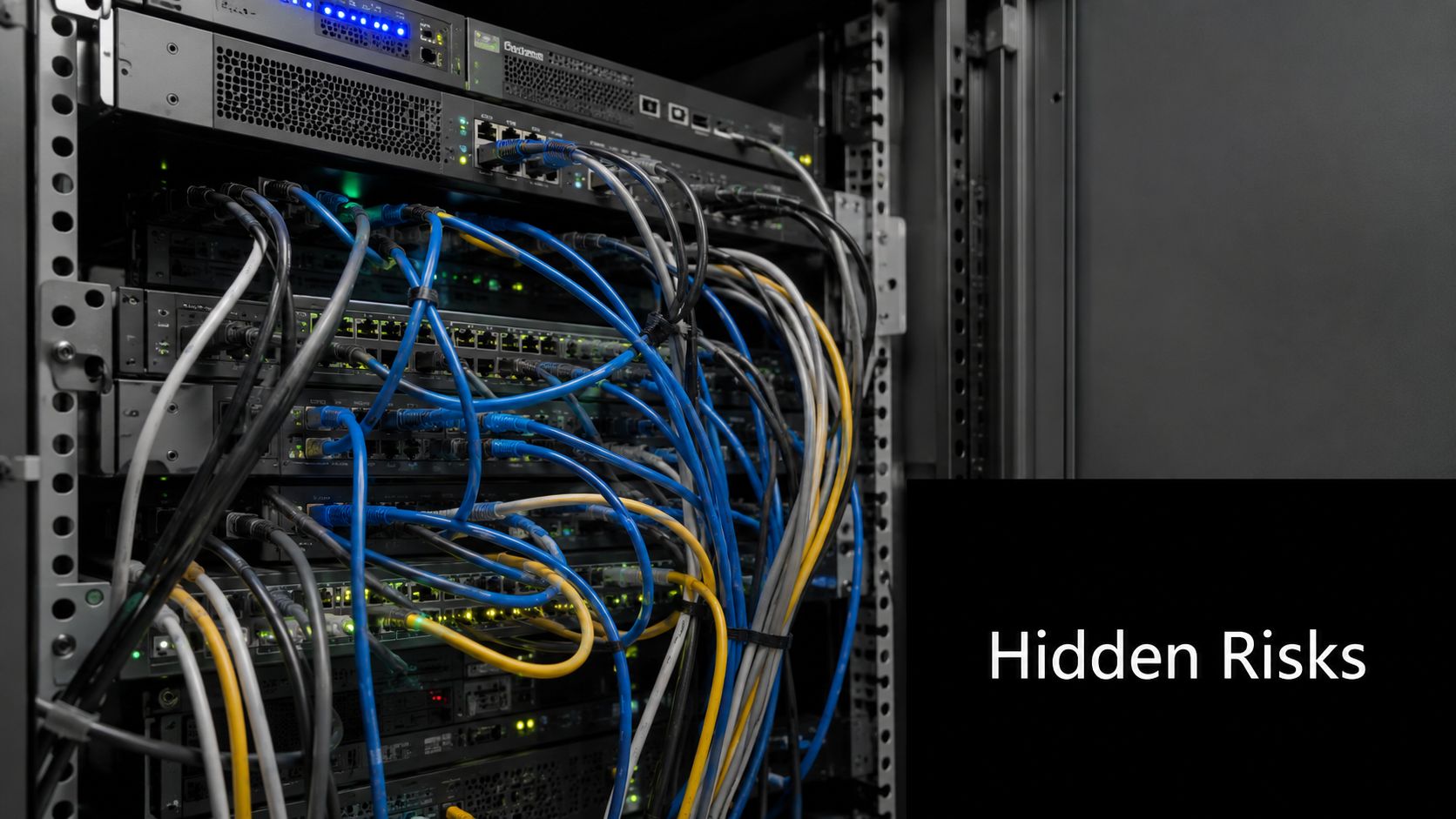 A server rack with tangled blue, black, and yellow ethernet cables representing data management and networking issues.