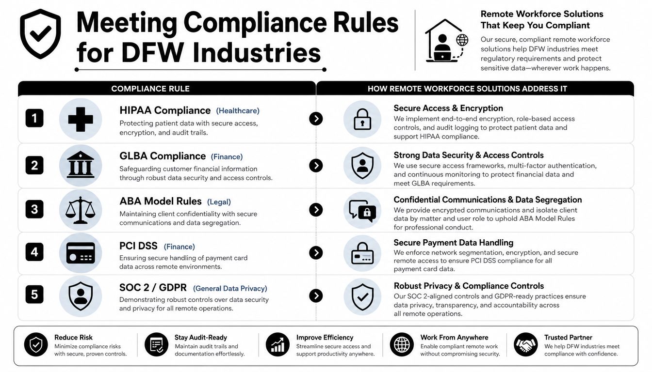 A chart outlining how remote workforce solutions help DFW industries meet various data compliance and security regulations.
