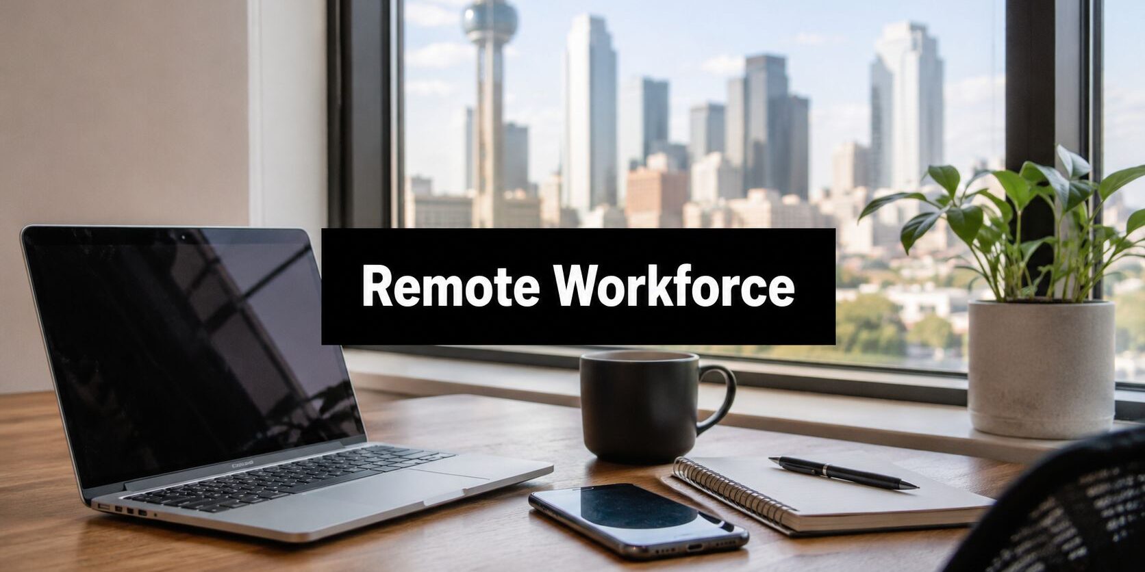 Home office desk with laptop, mug, notebook, phone, and a plant, facing a city view; a black banner reads 'Remote Workforce' in the foreground.