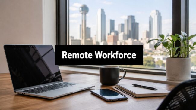 Home office desk with laptop, mug, notebook, phone, and a plant, facing a city view; a black banner reads 'Remote Workforce' in the foreground.
