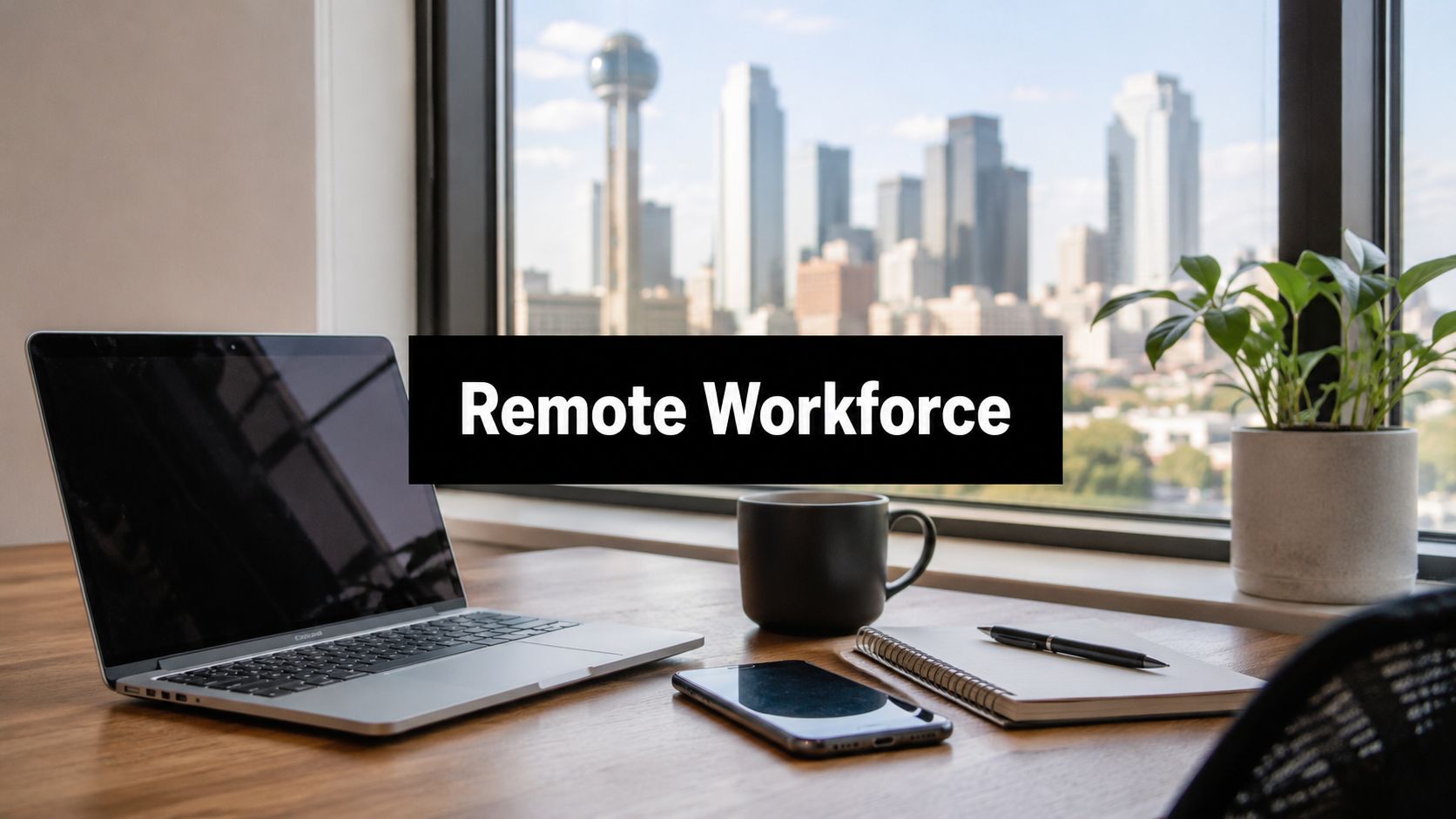 Home office desk with laptop, mug, notebook, phone, and a plant, facing a city view; a black banner reads 'Remote Workforce' in the foreground.