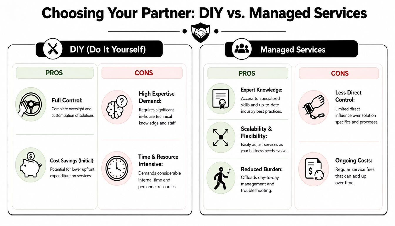 A comparison chart outlining the pros and cons of choosing DIY versus managed services for business solutions.