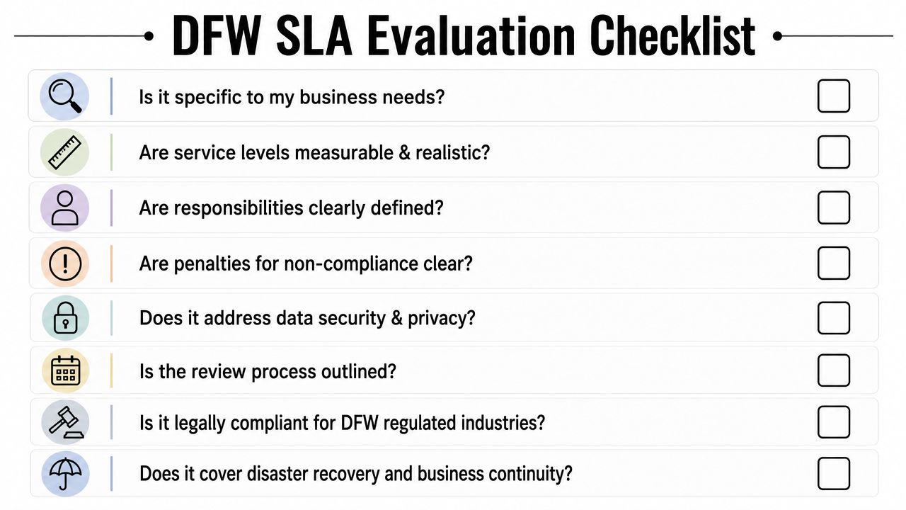 A checklist for evaluating Service Level Agreements with eight key questions for business and compliance needs.