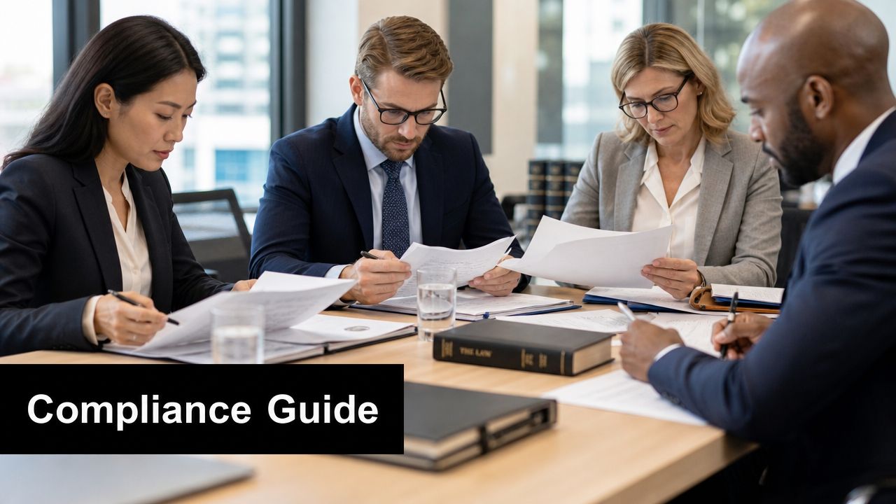 A professional team of lawyers in suits reviewing legal documents together during a business meeting.