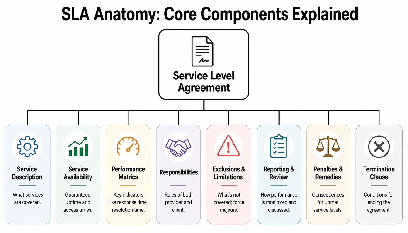 A diagram illustrating the core components of a Service Level Agreement, including service description, availability, and metrics.