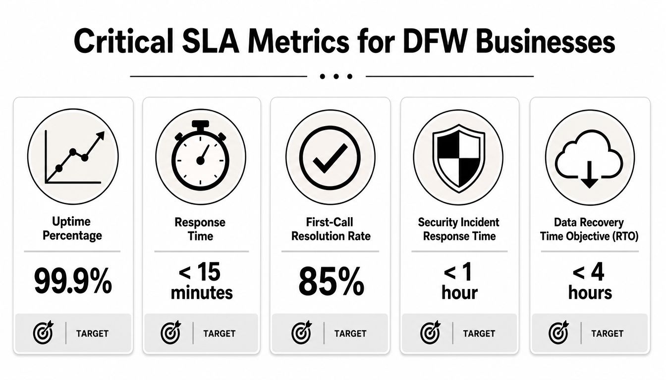 A chart detailing five critical Service Level Agreement (SLA) metrics for businesses in the DFW area.