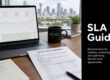 Desk setup for SLA planning: laptop with charts, a printed Service Level Agreement, notebook, and a mug on a wooden desk with a city skyline; 'SLA Guide' panel on the right.