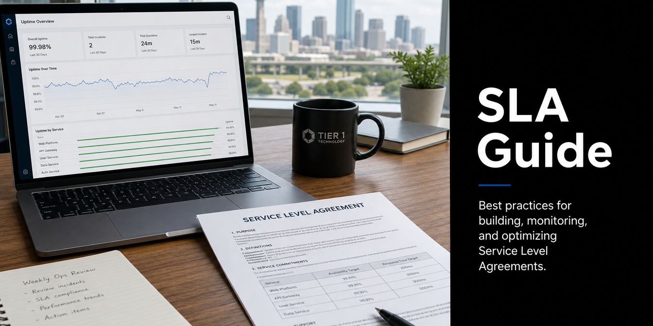 service-level-agreements-workspace-setup Desk setup for SLA planning: laptop with charts, a printed Service Level Agreement, notebook, and a mug on a wooden desk with a city skyline; 'SLA Guide' panel on the right.