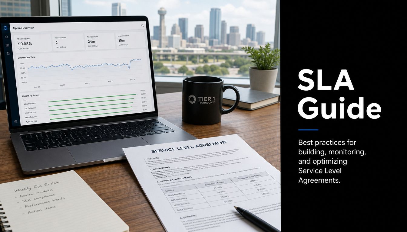 Desk setup for SLA planning: laptop with charts, a printed Service Level Agreement, notebook, and a mug on a wooden desk with a city skyline; 'SLA Guide' panel on the right.