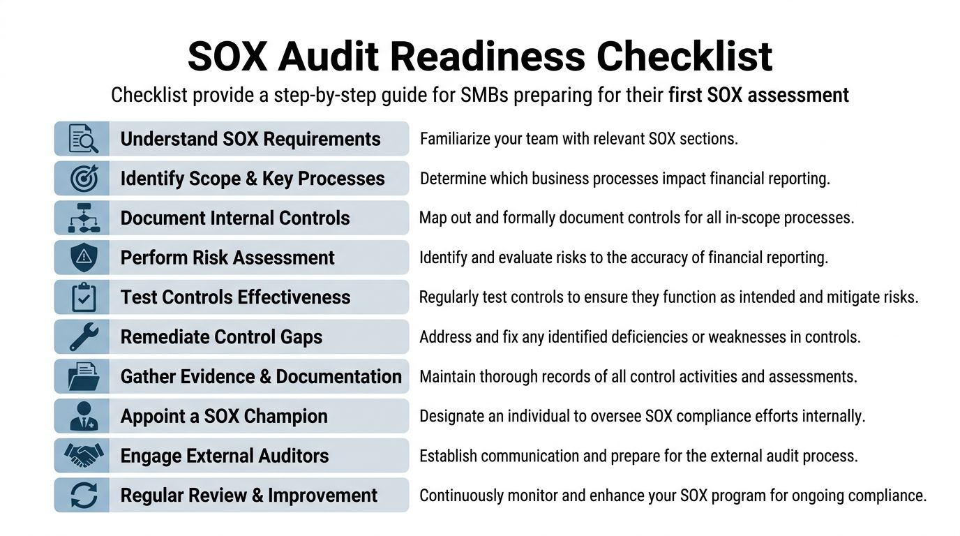 A structured checklist illustrating the essential steps for small and medium businesses to prepare for SOX compliance.
