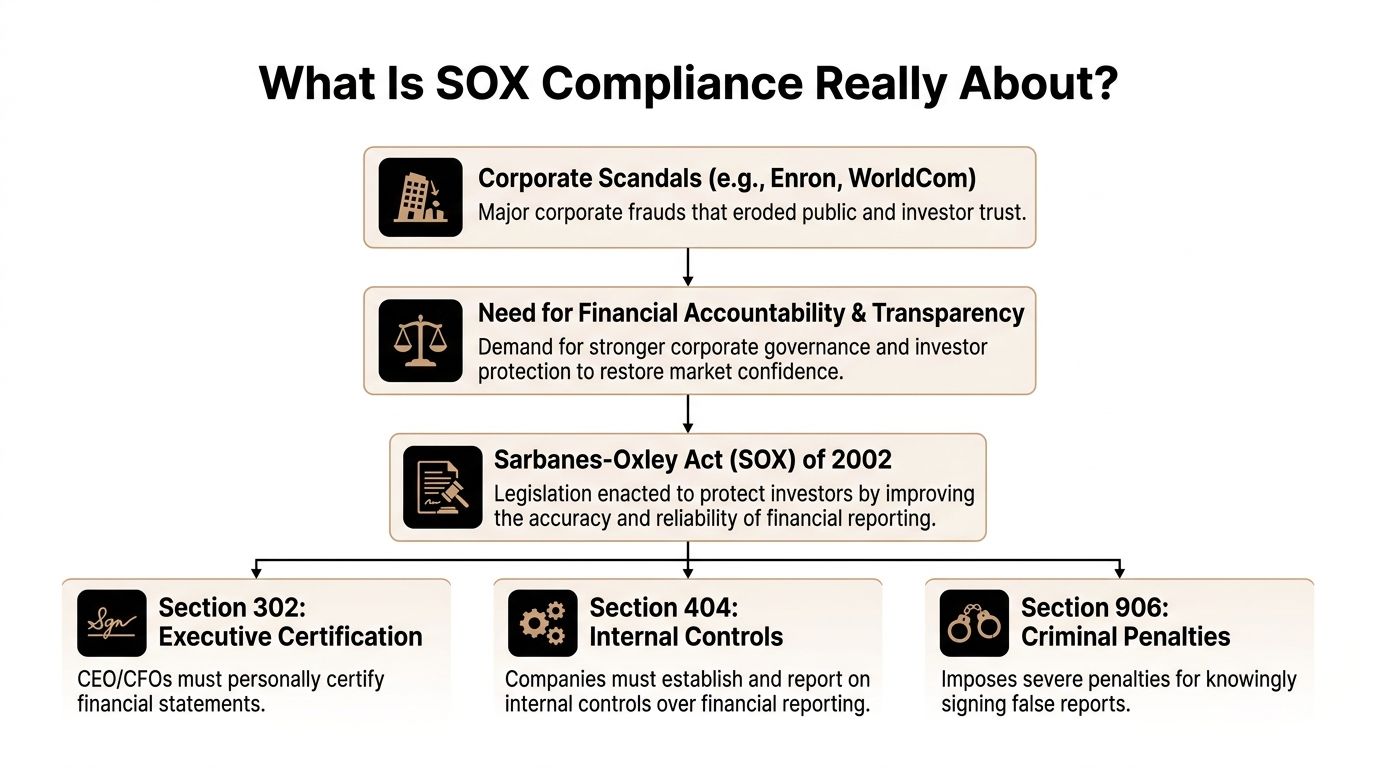 A flowchart explaining the origin and key sections of Sarbanes-Oxley compliance requirements for corporate financial reporting.