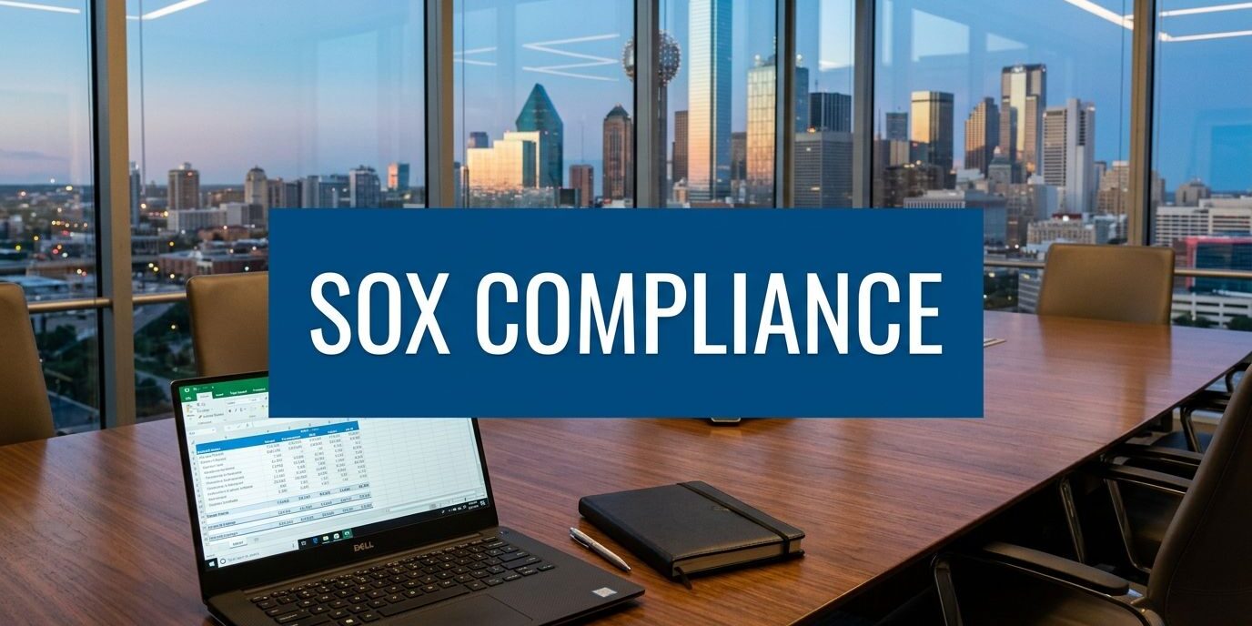 sox-compliance-requirements-conference-room Conference room with laptop open to a spreadsheet, a notebook on the table, and a city skyline; banner reads 'SOX COMPLIANCE'.