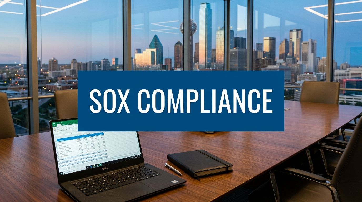 Conference room with laptop open to a spreadsheet, a notebook on the table, and a city skyline; banner reads 'SOX COMPLIANCE'.