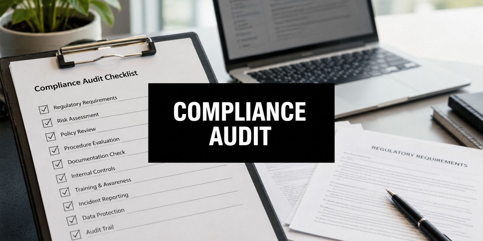 Compliance audit checklist on a clipboard with a laptop in the background.