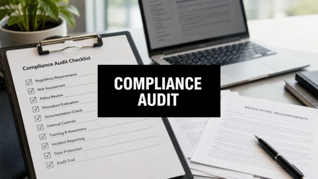what-is-compliance-audit-audit-checklist Compliance audit checklist on a clipboard with a laptop in the background.