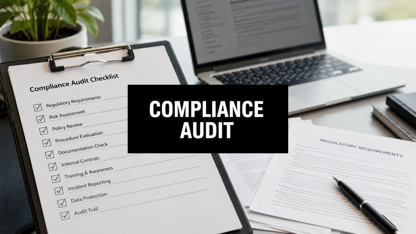 Compliance audit checklist on a clipboard with a laptop in the background.